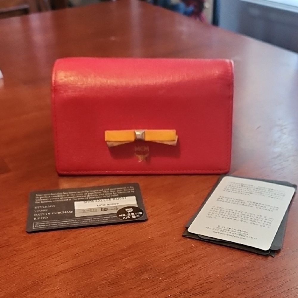 MCM Red Tri-Fold Wallet with Yellow Bow Accent